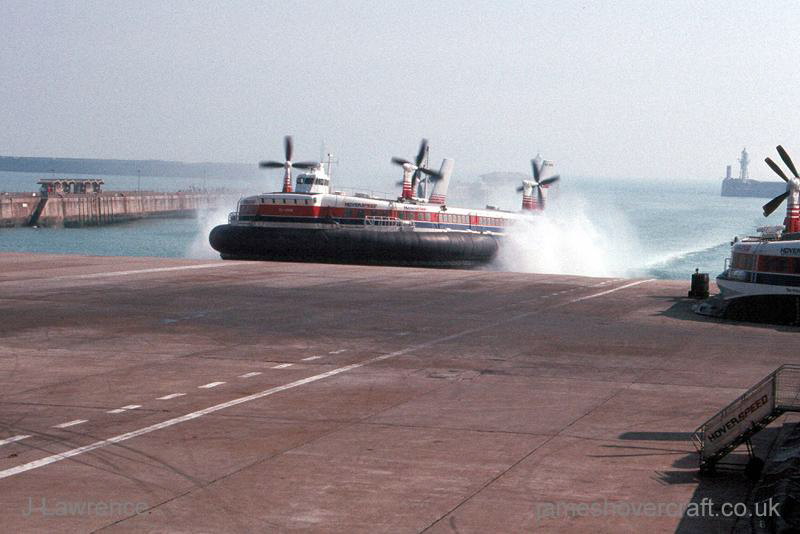 The SRN4 with Hoverspeed in Dover - Mk III The Princess Margaret (GH-2006) arriving behind the smaller craft (Pat Lawrence).
